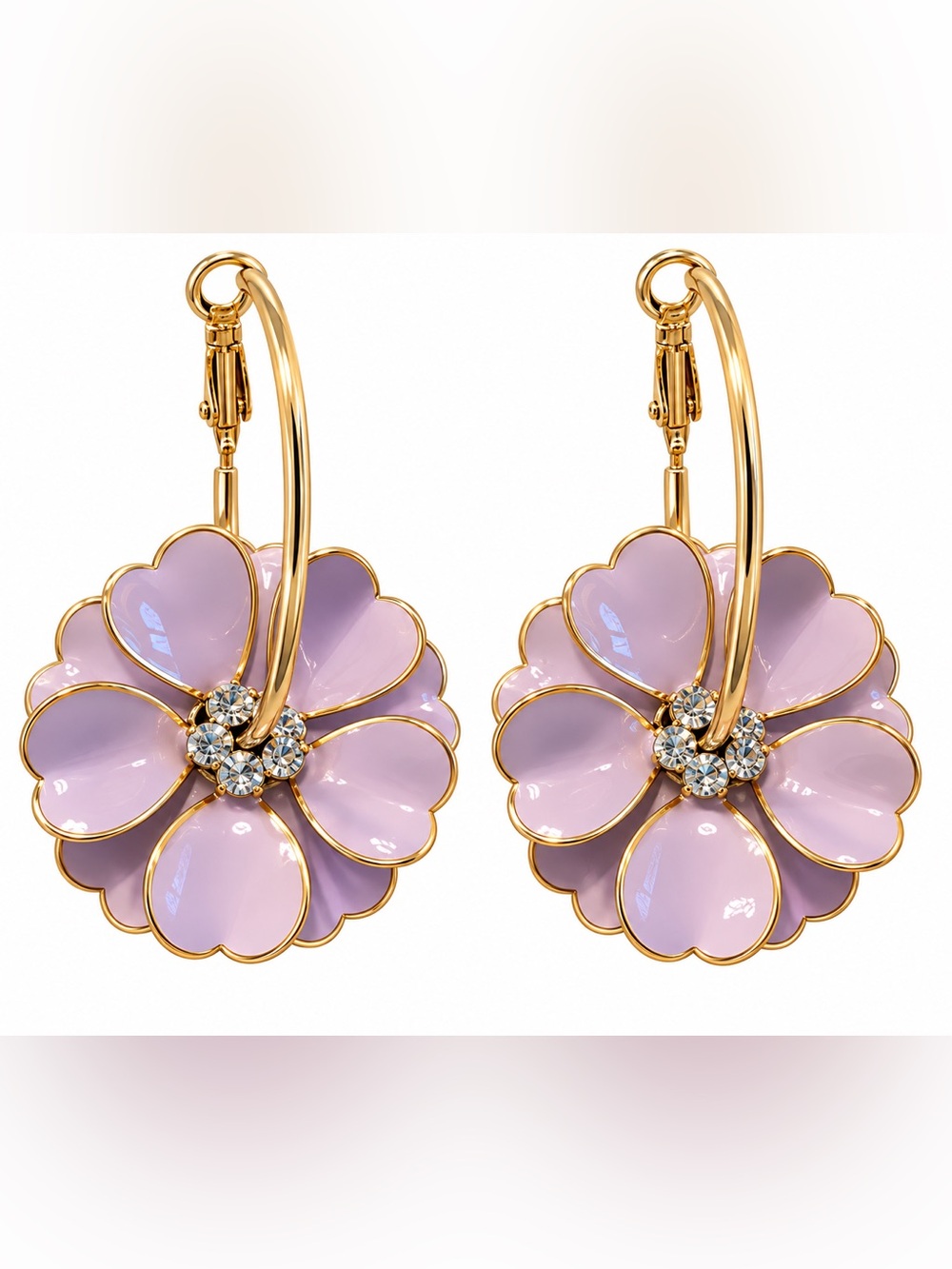 Pink Lavender Floral Hoop Earrings Gold Tone Rhinestone Statement